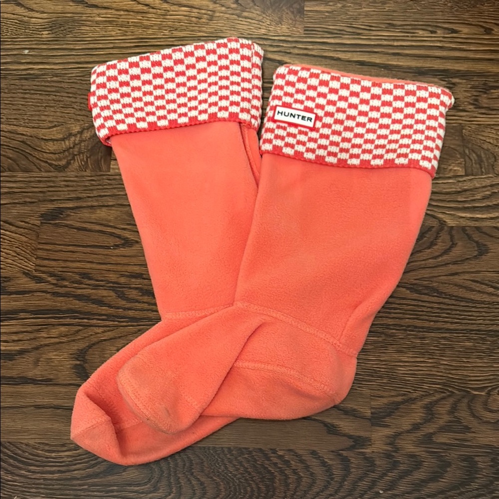 Hunter Tall Boot Socks Coral Orange‎ Fleece Checkered Cuff Medium UAS3027AAN